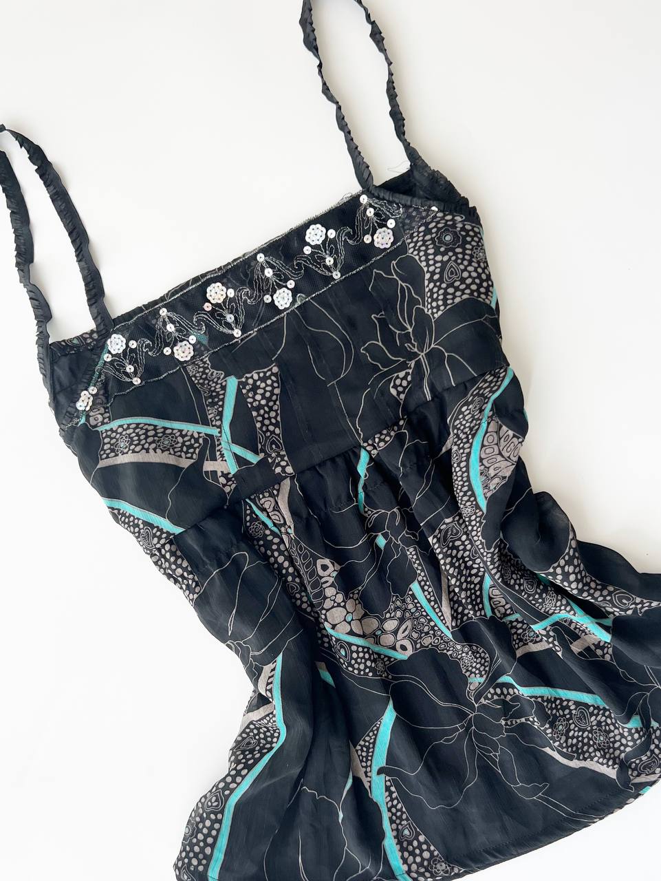 Black Patterned Cami w Sequinned Hem