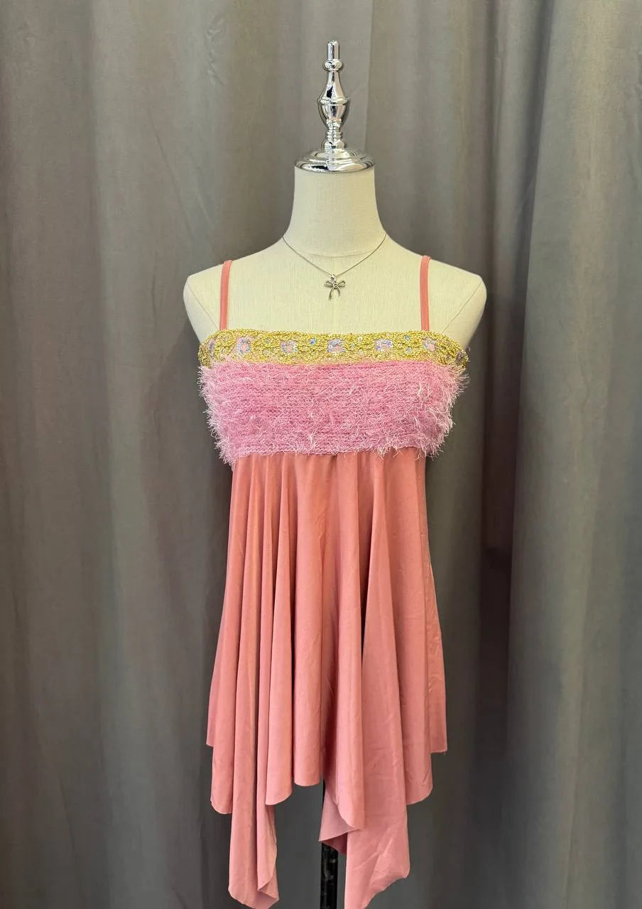 Coral Pink Faux Fur Bust Asymmetrical Hem Cami 1