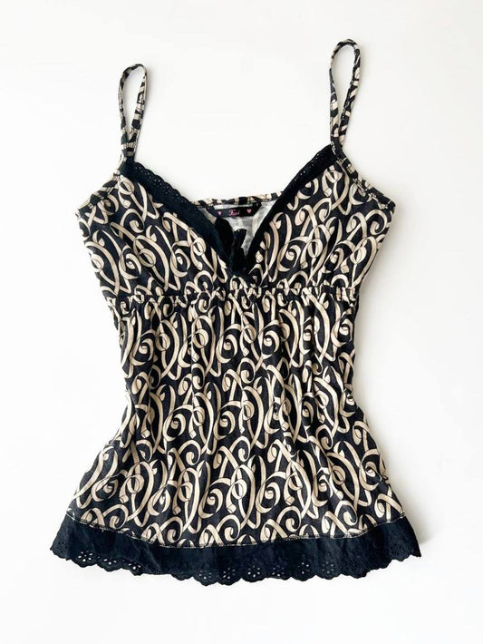 Patterned Cami w Black Eyelet Trim