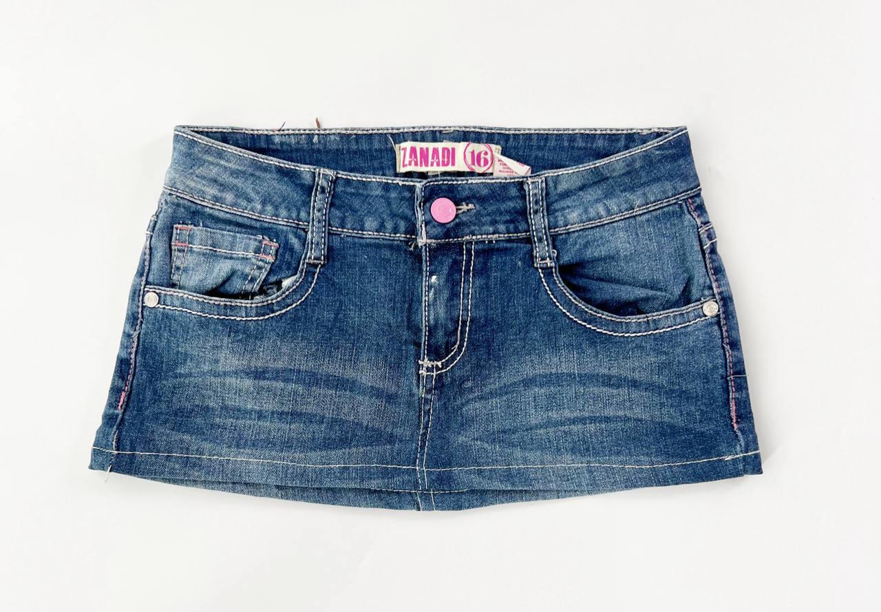 Denim Mini Skirt with Pink Embroidery Details