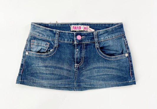 Denim Mini Skirt with Pink Embroidery Details