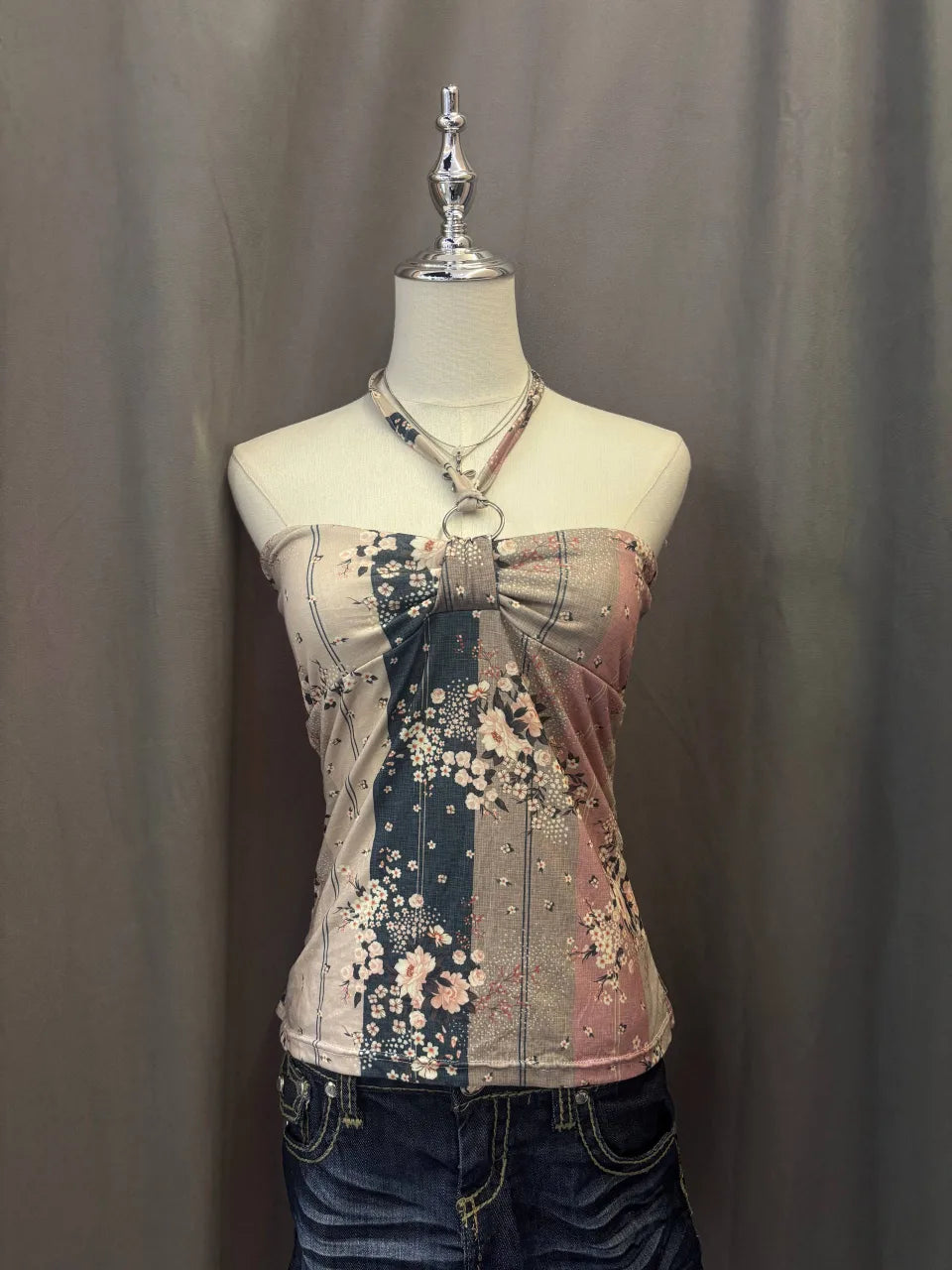 Green and Beige with Pink Florals Reworked Halter 1