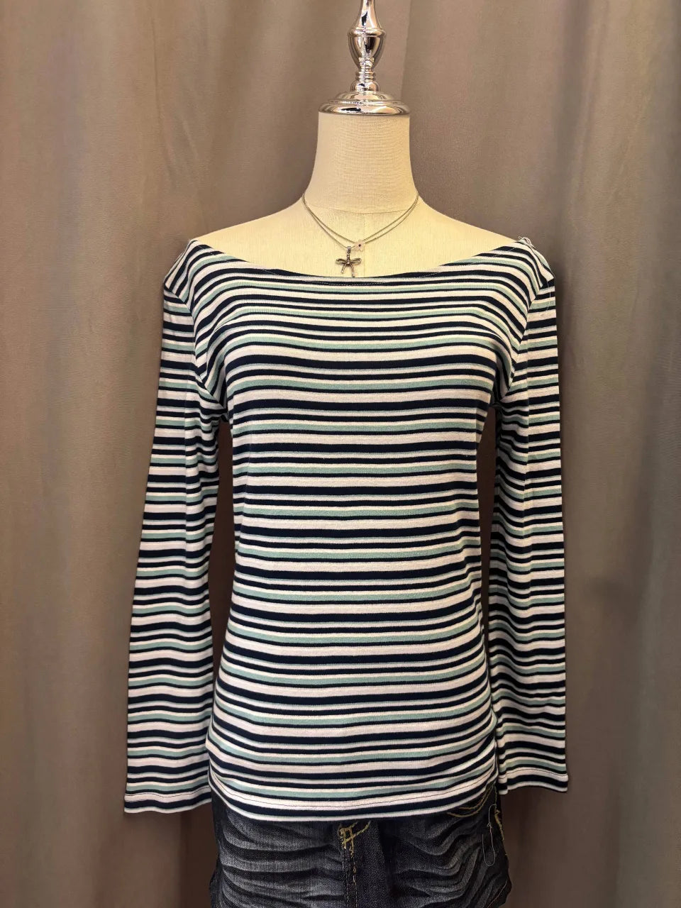 Green and Blue Striped Long Sleeve Off-Shoulder Top 1