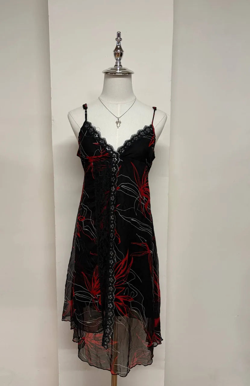 Lace Trim Black and Red Floral Dress 1