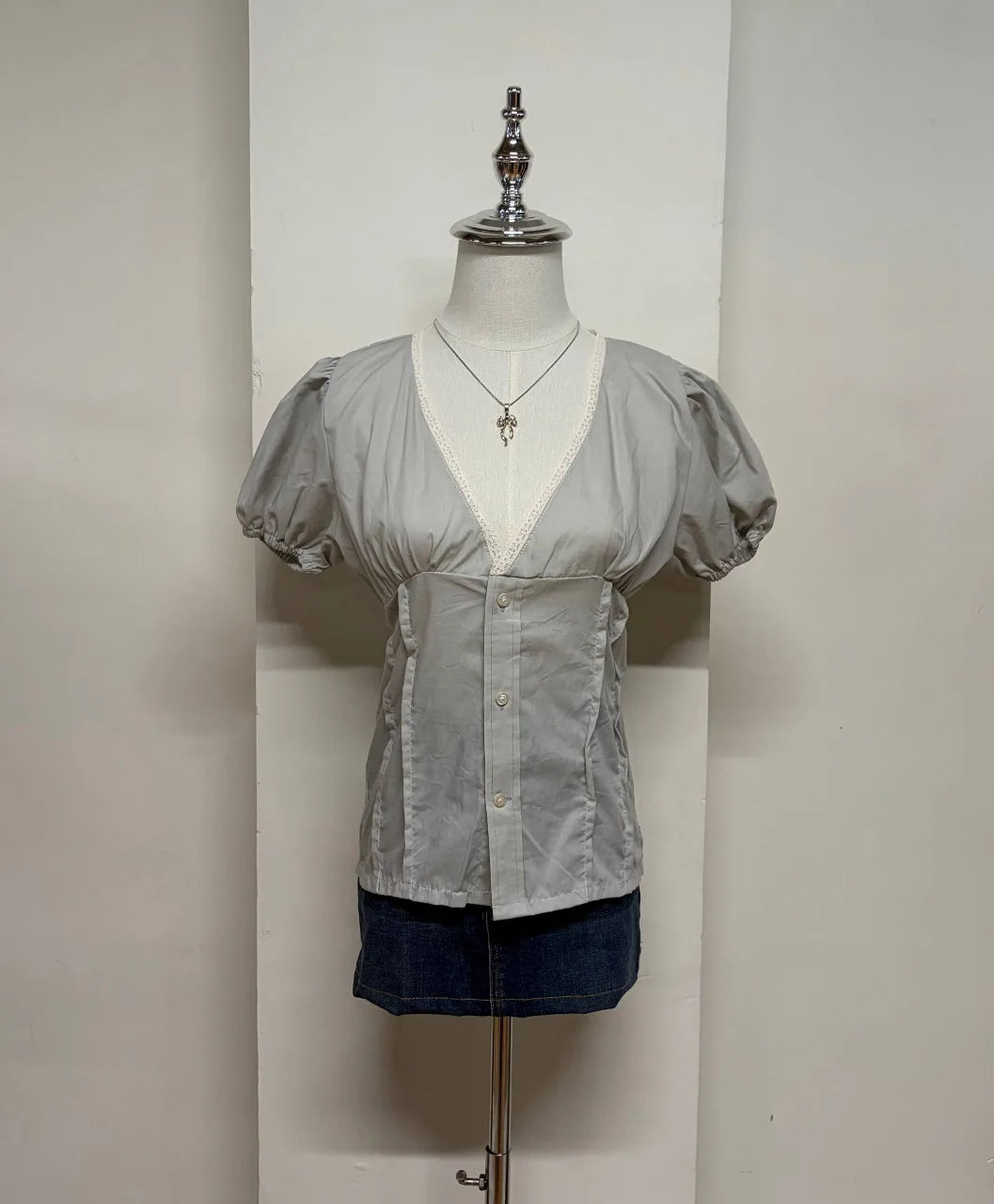 Light Grey Puff Sleeve Blouse 1