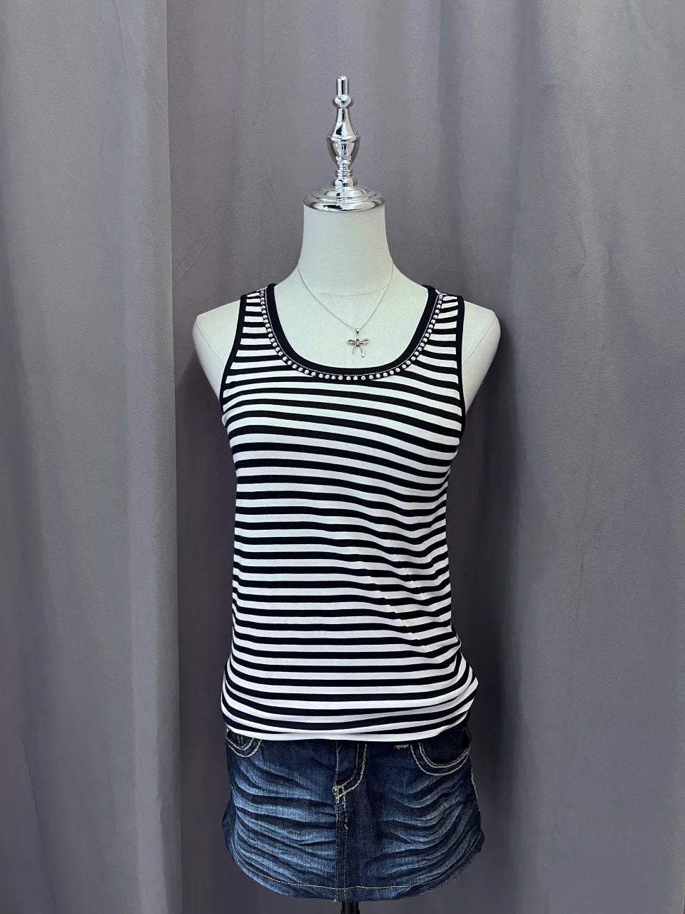 Navy and White Striped with Rhinestones Tank 1