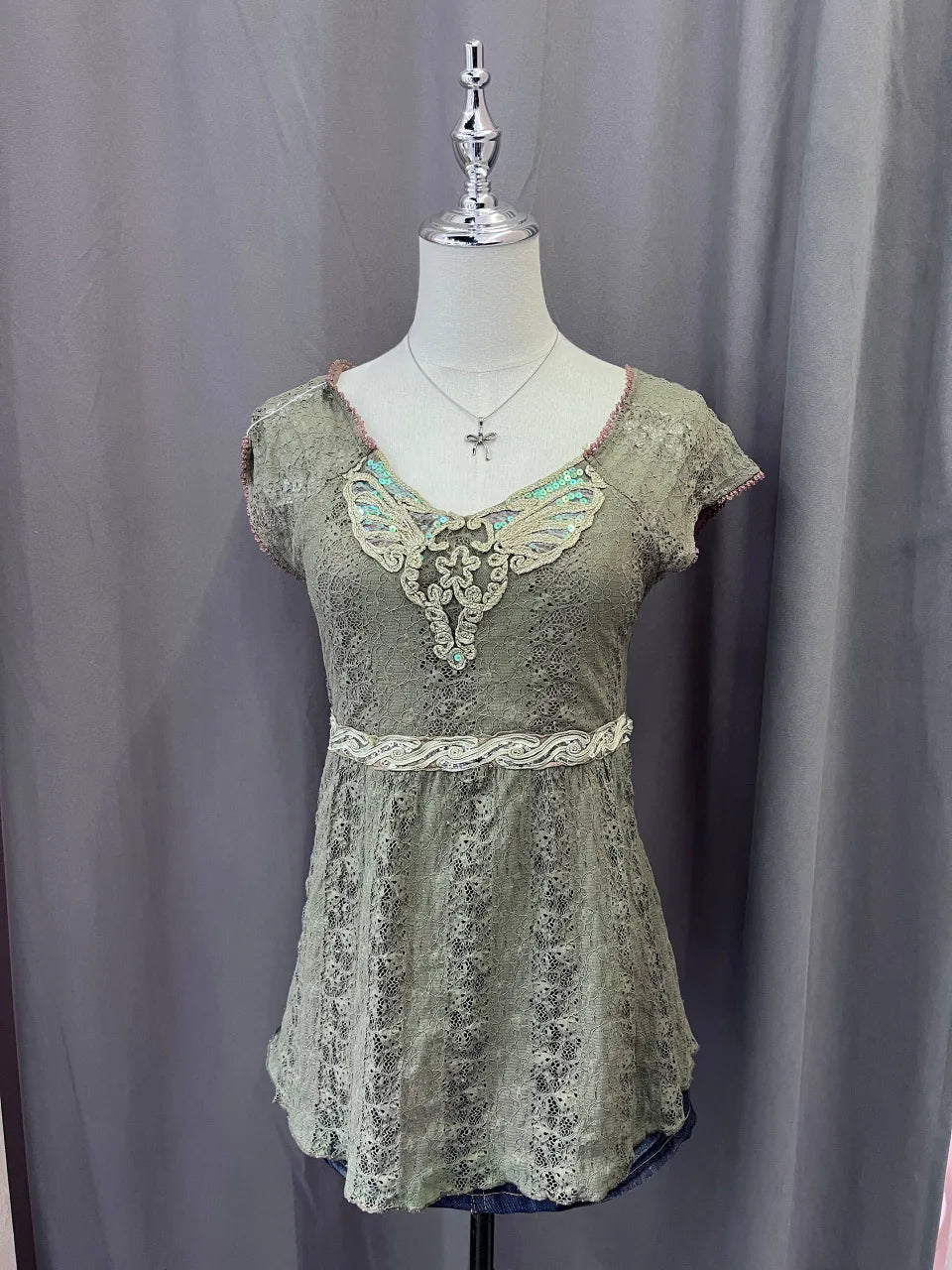 Olive Green Lace Overlay Babydoll Sequin Neckline Blouse 1
