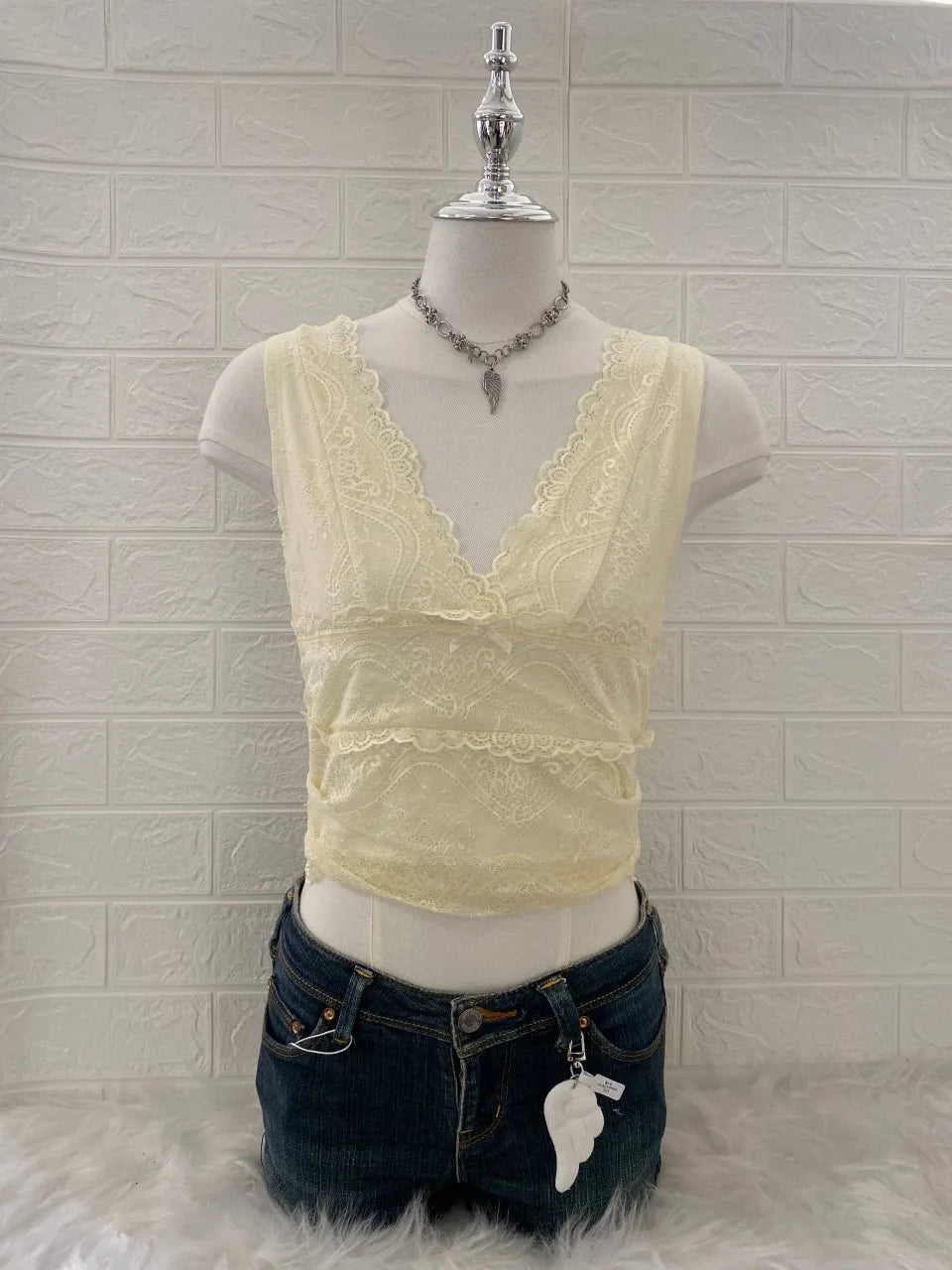 Pale Yellow V Neck Lace Cami 1