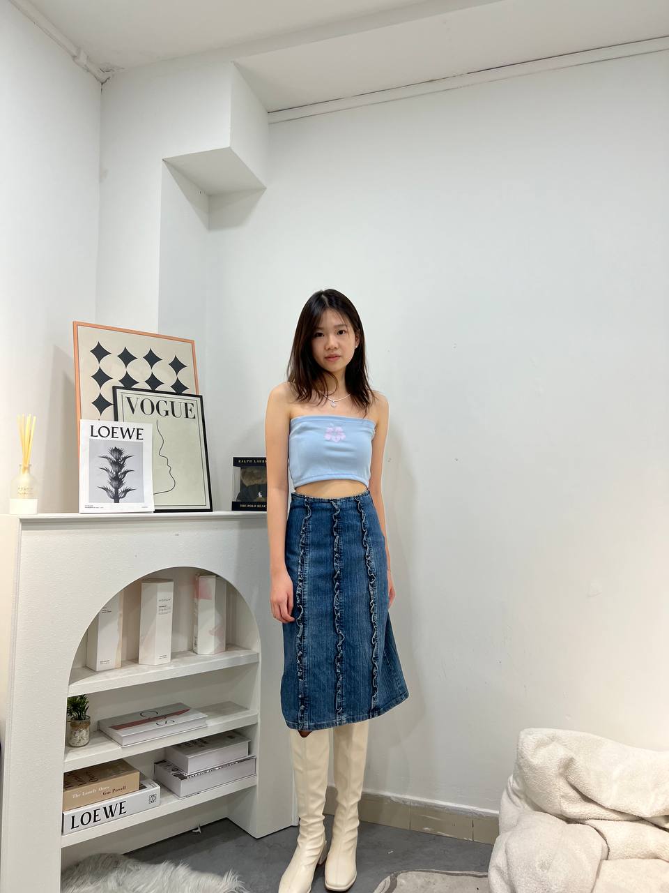 Ruffle Detailed Denim Midi Skirt