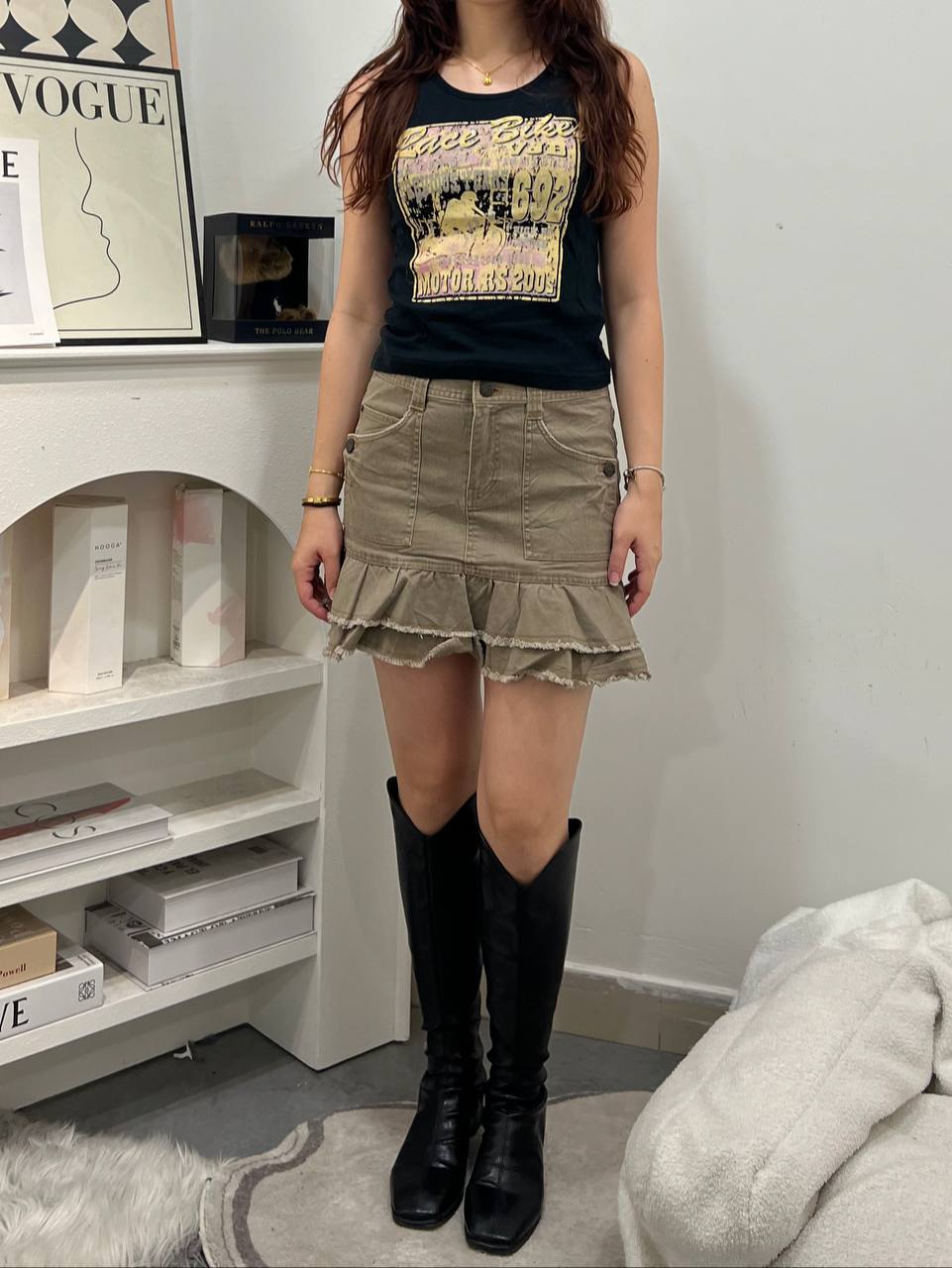 Beige Mini Skirt with Small Ruffles