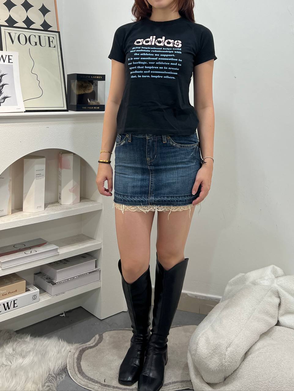 Medium Washed Lace Trim Denim Mini Skirt