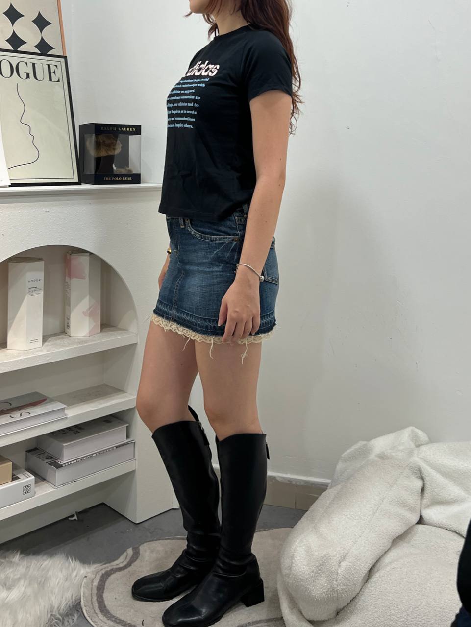 Medium Washed Lace Trim Denim Mini Skirt