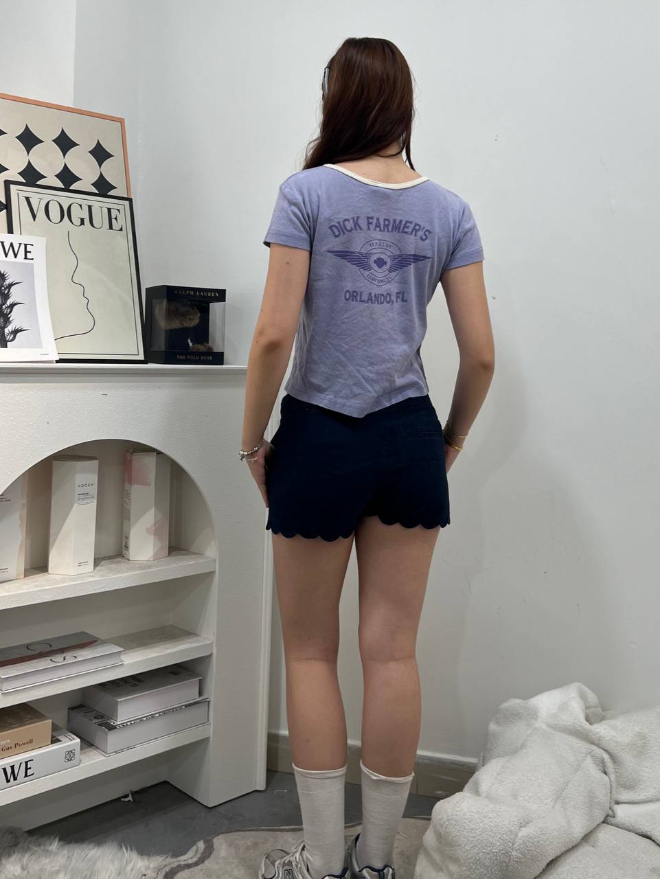 Navy Blue Scallop Hem Shorts
