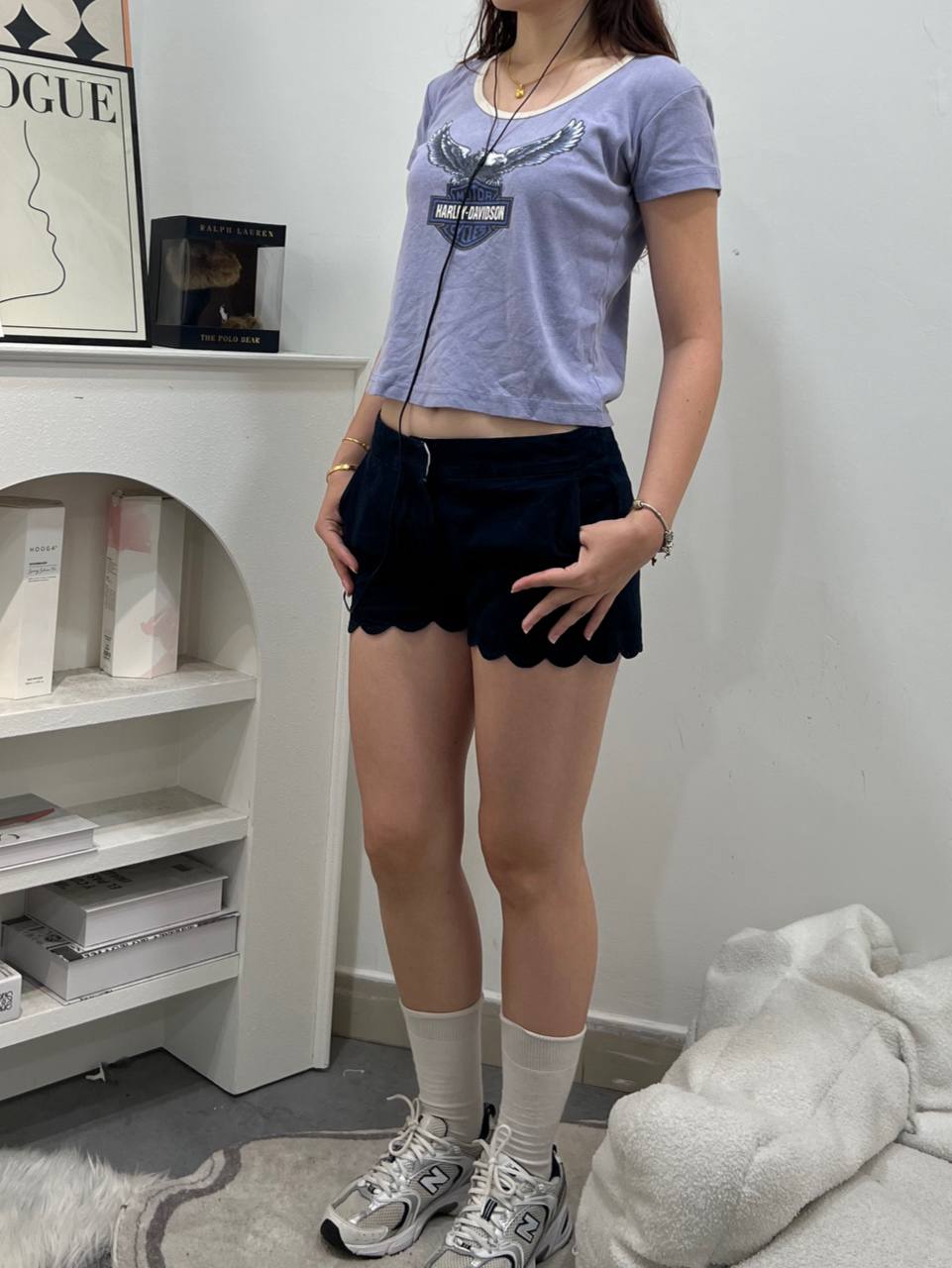 Navy Blue Scallop Hem Shorts
