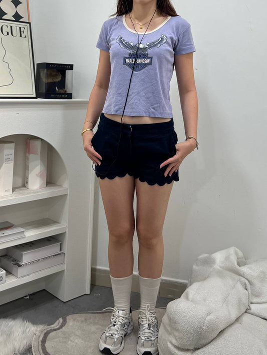 Navy Blue Scallop Hem Shorts