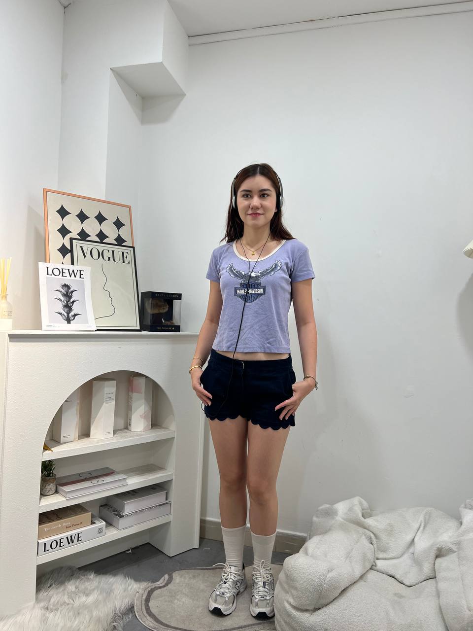 Navy Blue Scallop Hem Shorts