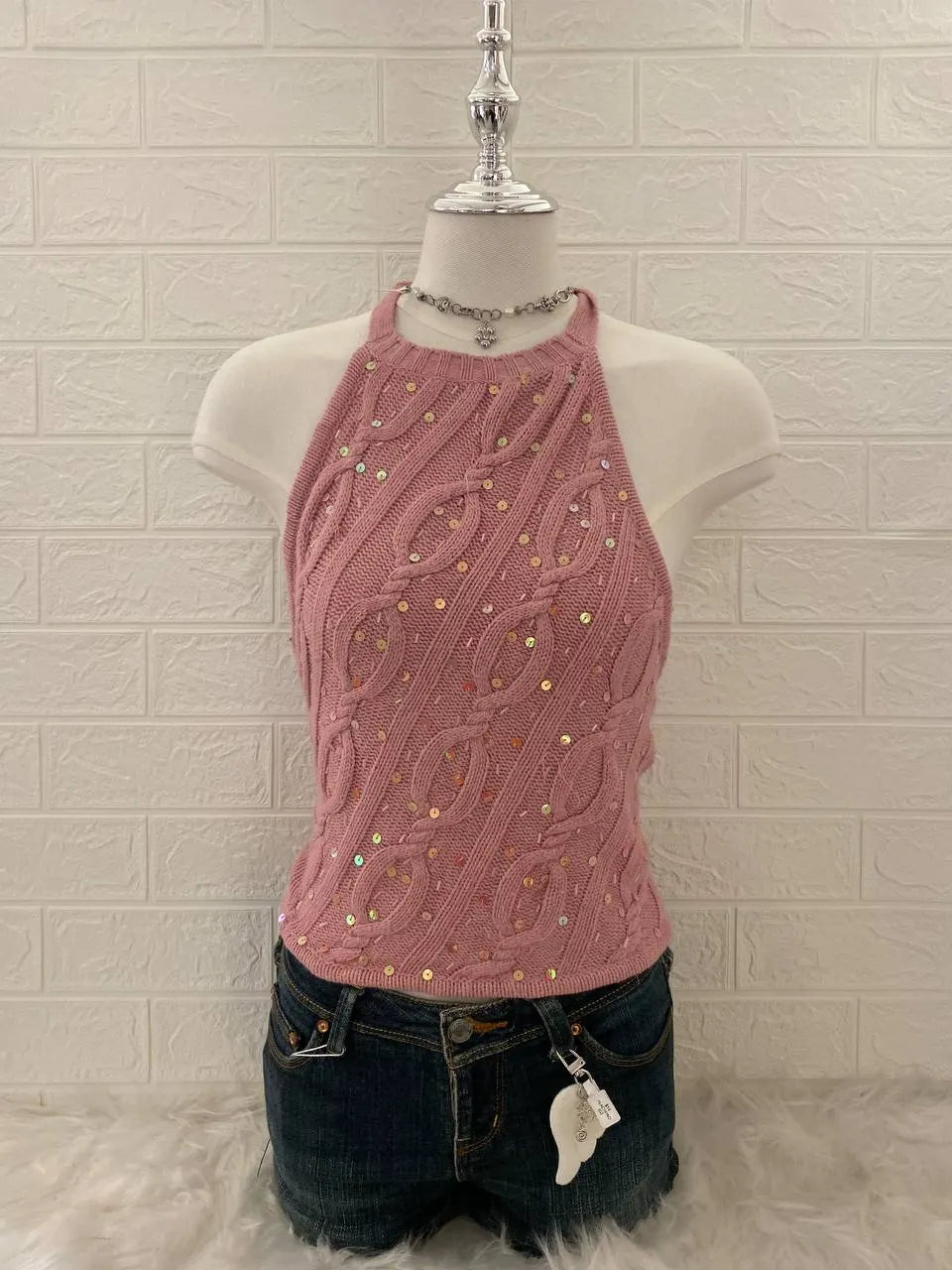 Pink Knitted Shimmery Halter 1