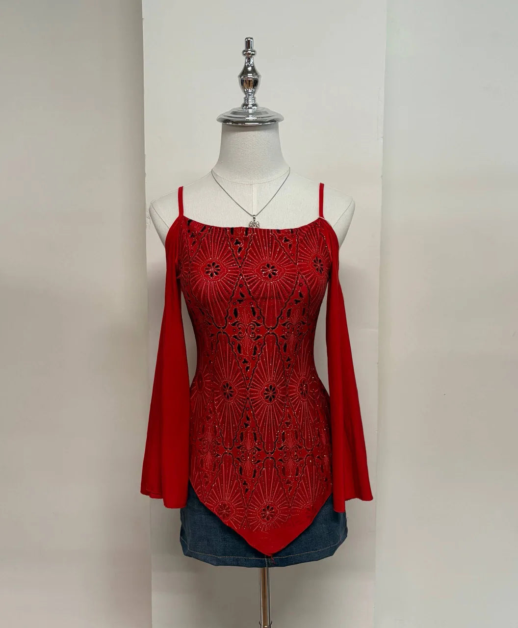 Red Shimmery Handkerchief Hem Drop Shoulder Cami 1
