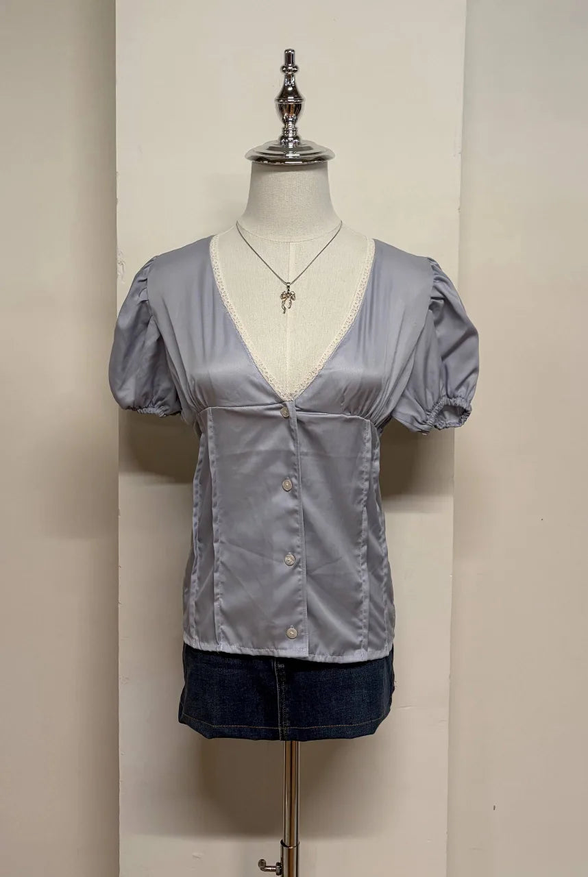 Slate Blue Puff Sleeve Blouse 1