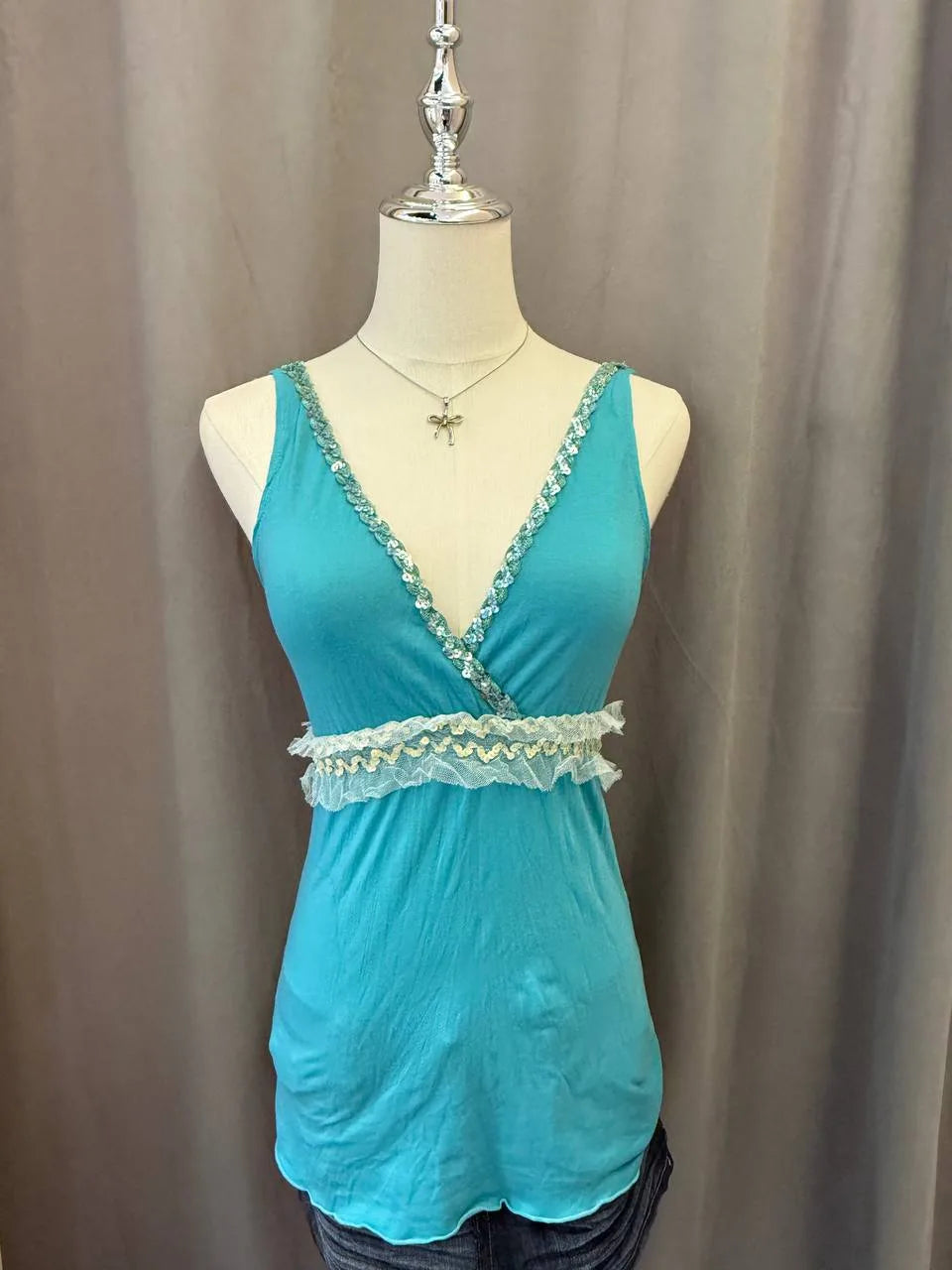 Teal Blue V Neck Overlay Tank 1
