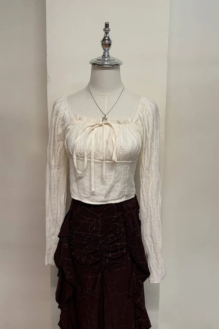 White Square Neck Peasant Cropped Blouse 1