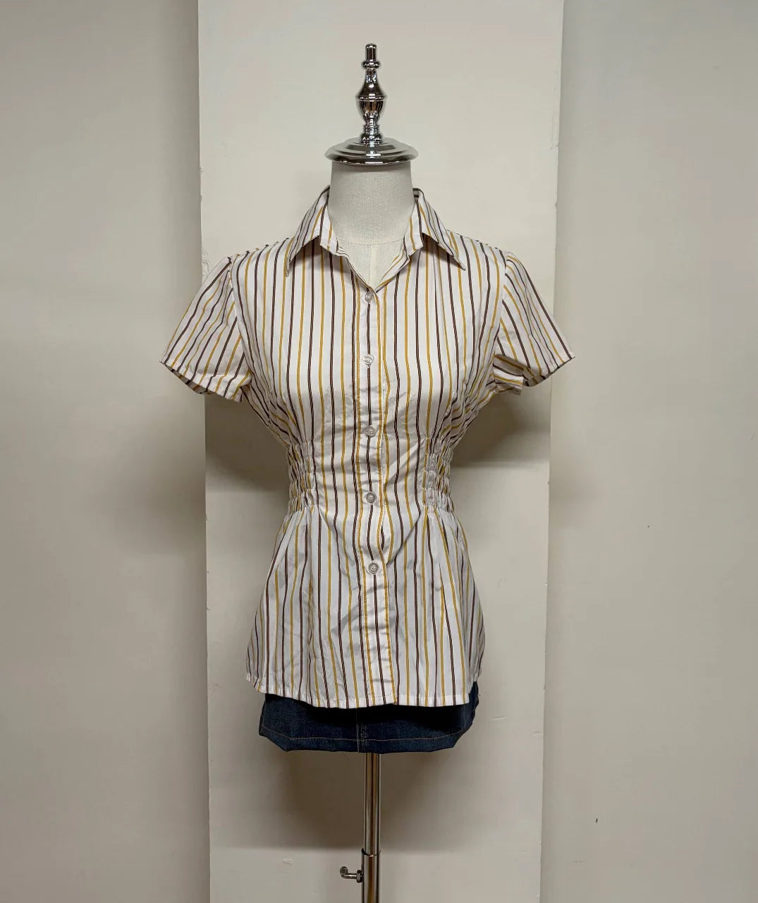 White with Yellow and Blue Striped Cinched Blouse 1