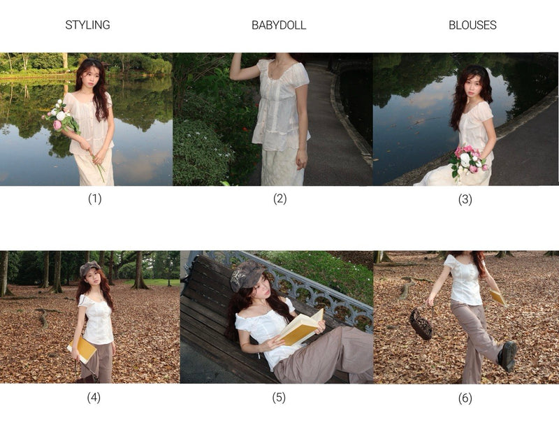 White babydoll blouse styled over a floral cami with skirt for a feminine casual outfit
