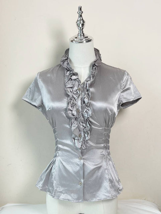 Grey Ruffle Fitted Blouse (Size 9)