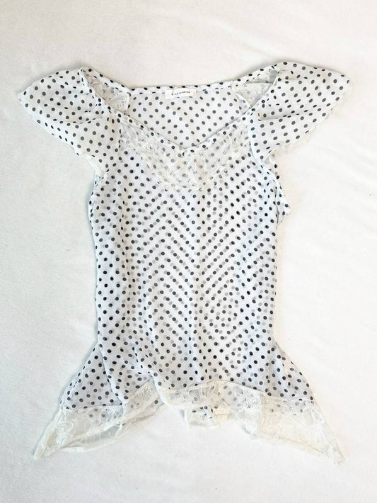 Sheer White Polka Dot Shoujo Blouse w Lace Hem
