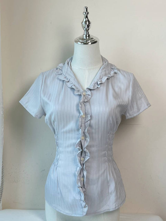 Faded Blue Ruffle Fitted Blouse
