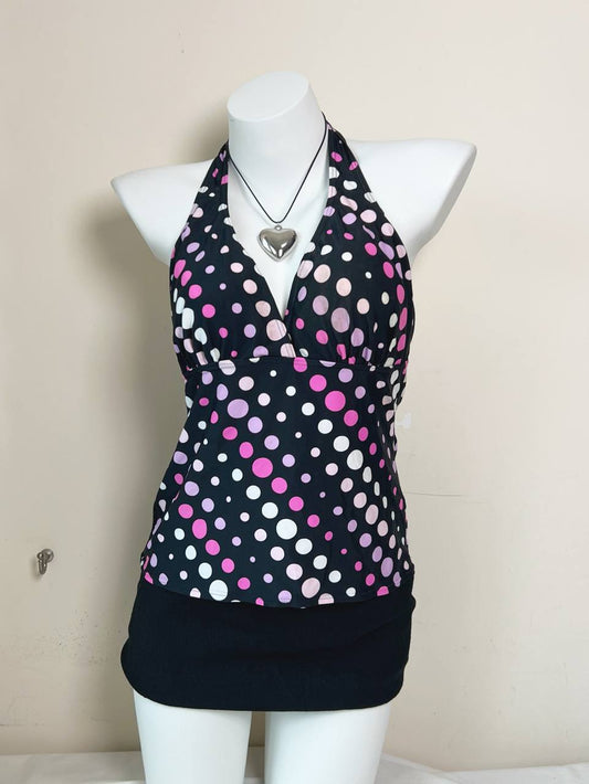 Black w Pink Polka Dot Halter