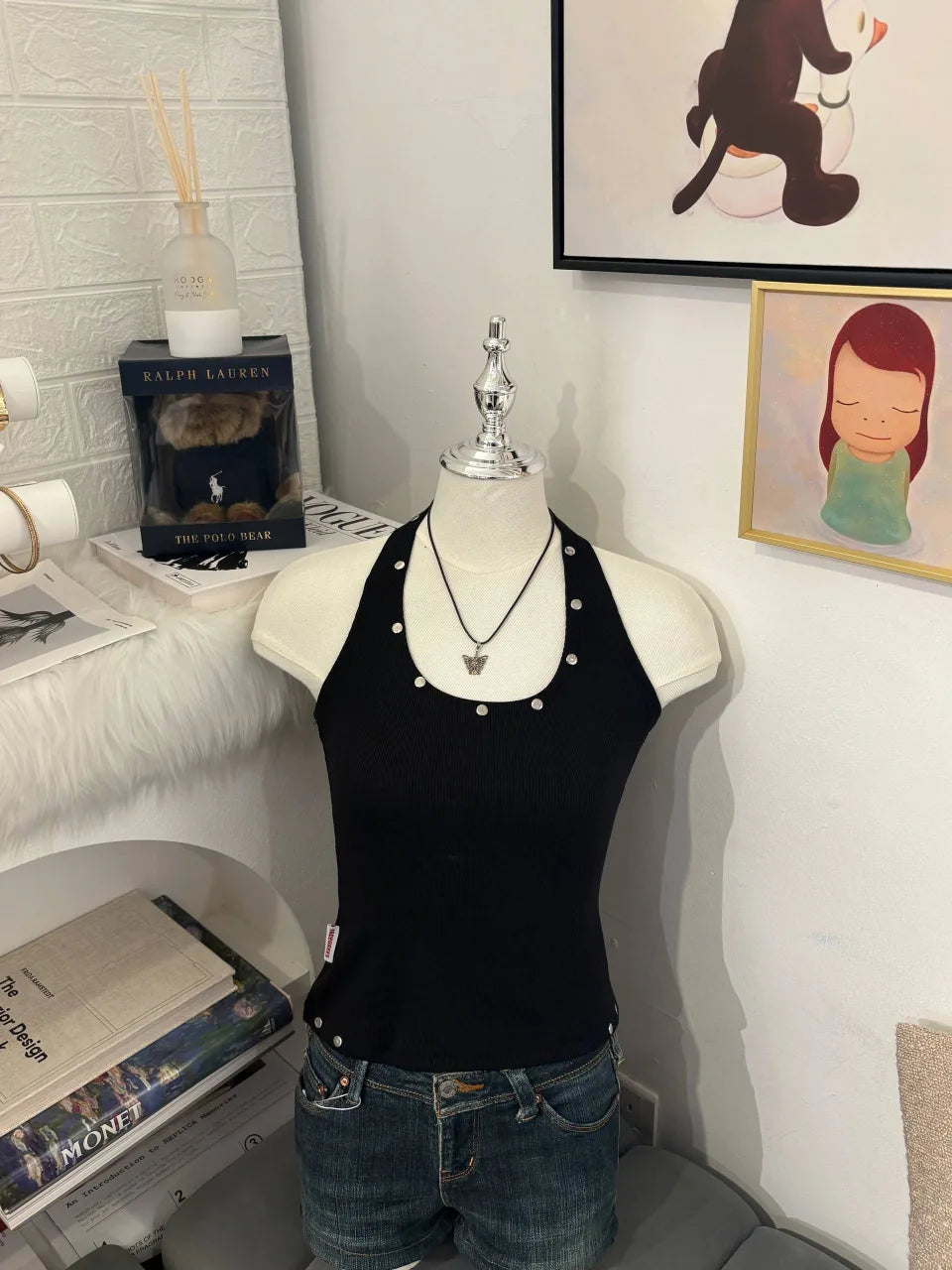 [19Degrees] Rivet Halter Top in Black 1