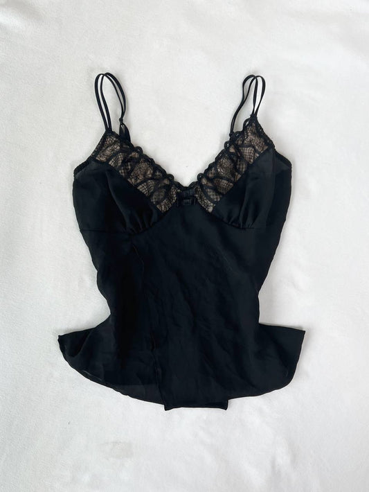 Black V Neck Cami with Neckline Embroidery