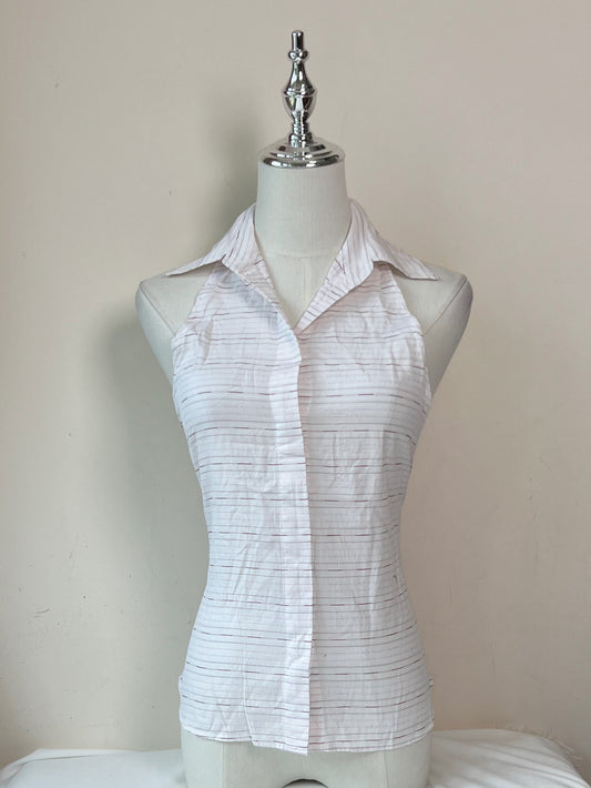 White w Pink Horizontal Stripes Fitted Halter