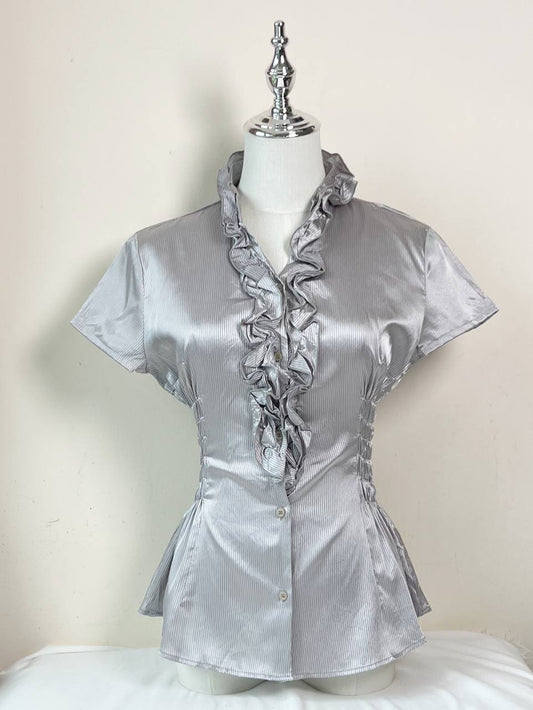 Grey Ruffle Fitted Blouse (Size 13)