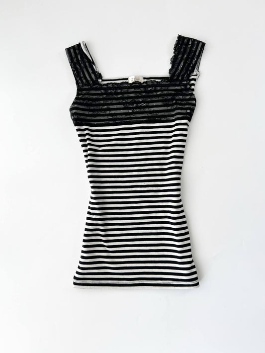 Striped Tank w Lace Overlay Bust