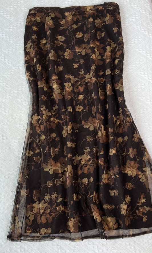 Brown Mesh Overlay Maxi Skirt