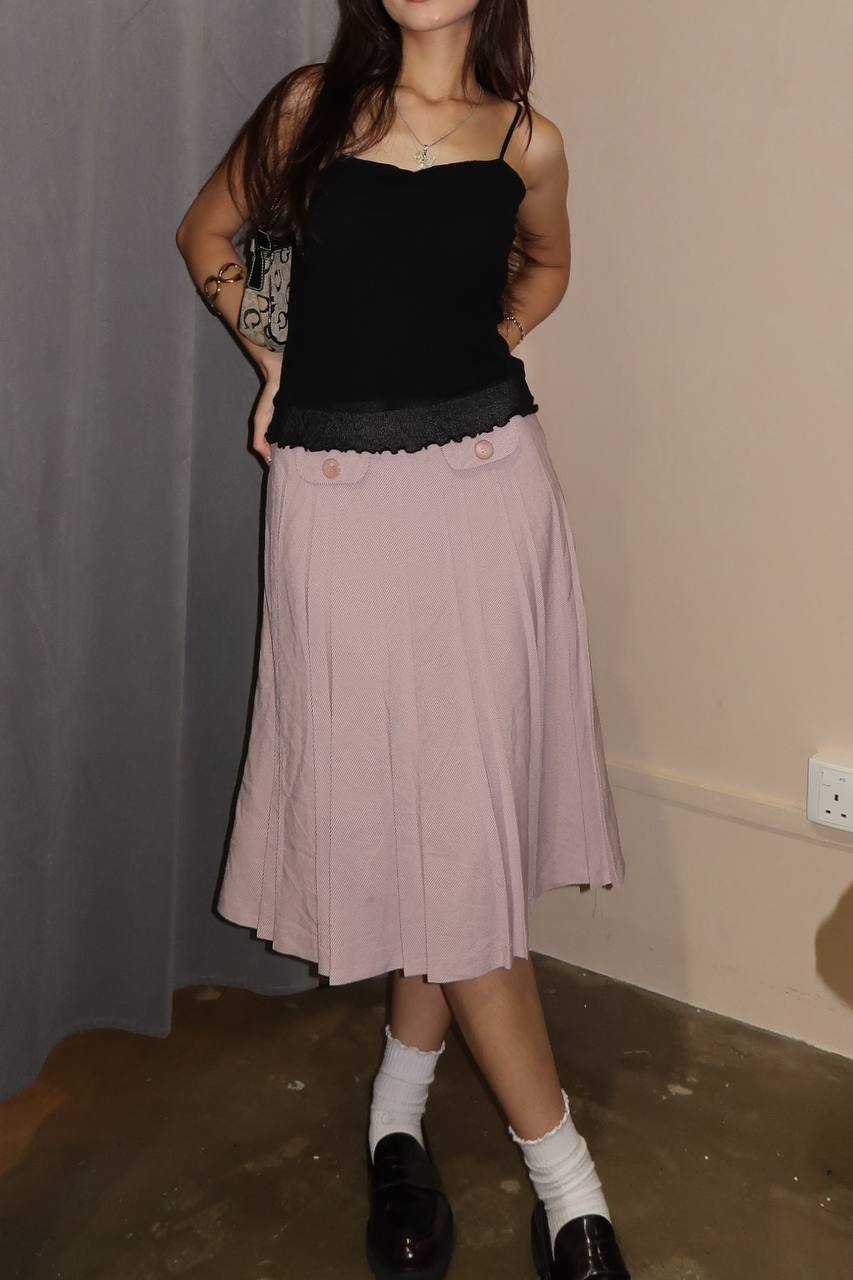 Pink Pleated Midi Skirt w Pocket Details