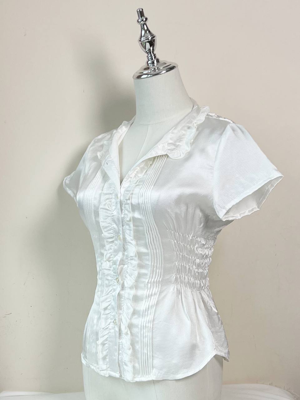 White Satin Ruffle Fitted Blouse