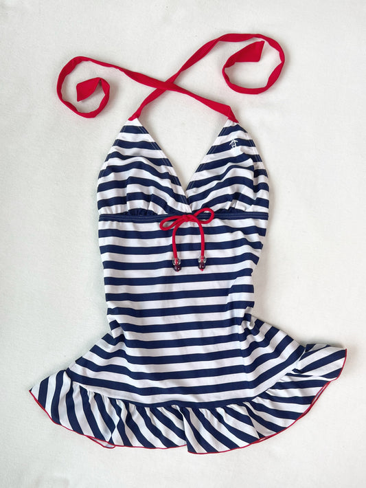 White with Navy Stripe Babydoll Halter