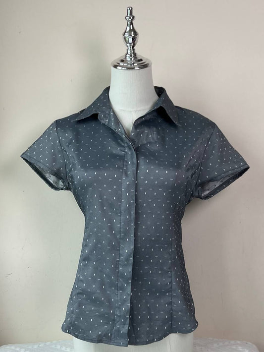 Grey Patterned Ribbon Tie Blouse