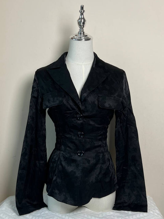 Black Embossed Long Sleeve Fitted Blouse