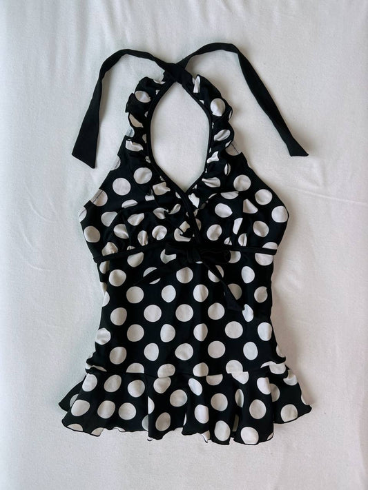 Ruffle Neckline Ribbon Polka Dot Halter