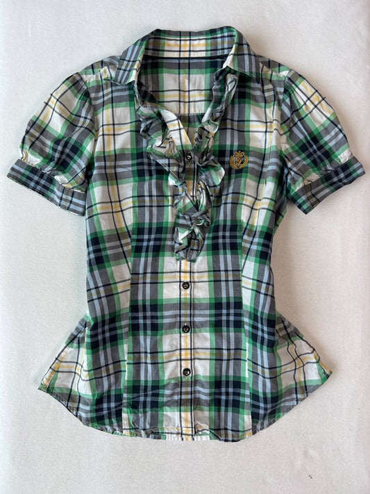 Navy & Green Plaid Button Up Blouse