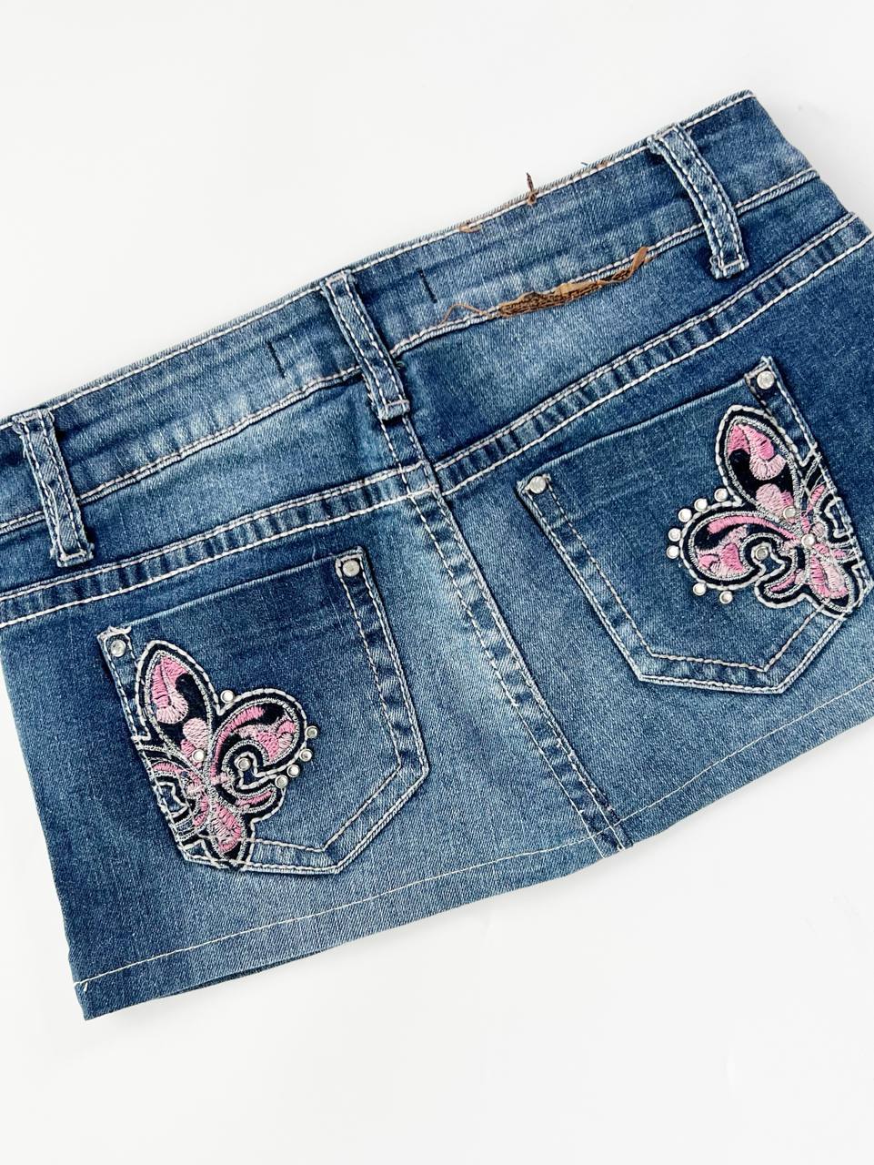 Denim Mini Skirt with Pink Embroidery Details