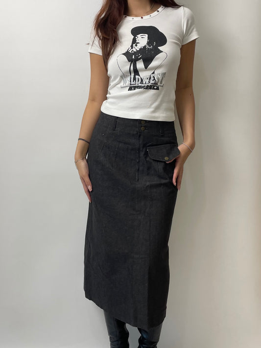 Dark Grey Denim Skirt with Back Ribbons