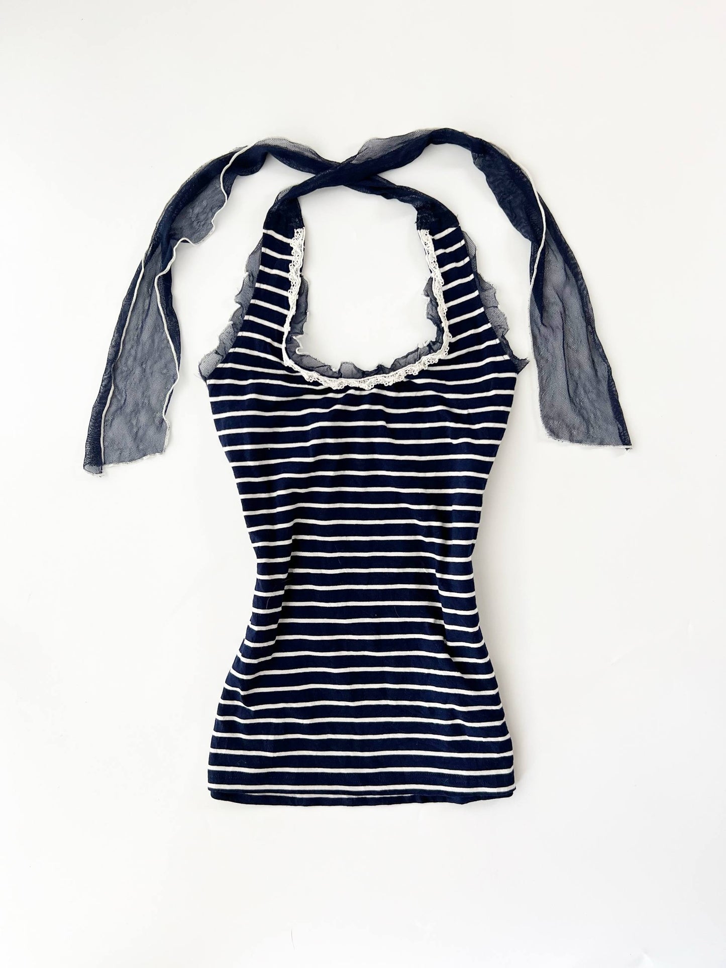 Navy Striped Halter w Mesh Trim