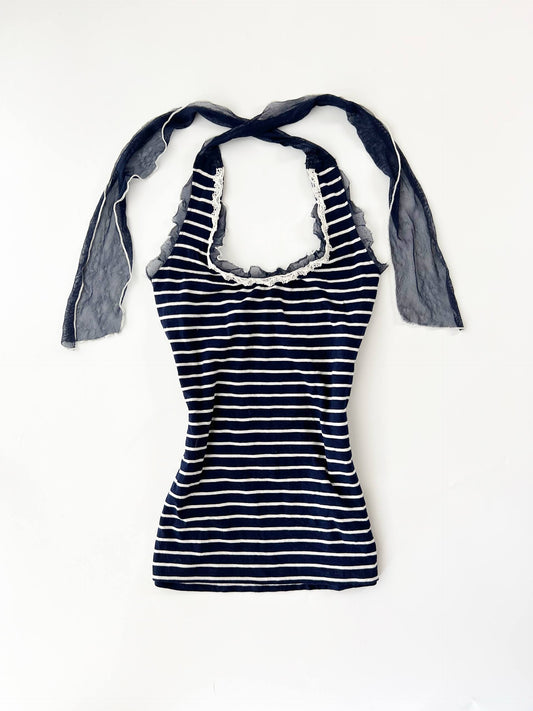 Navy Striped Halter w Mesh Trim