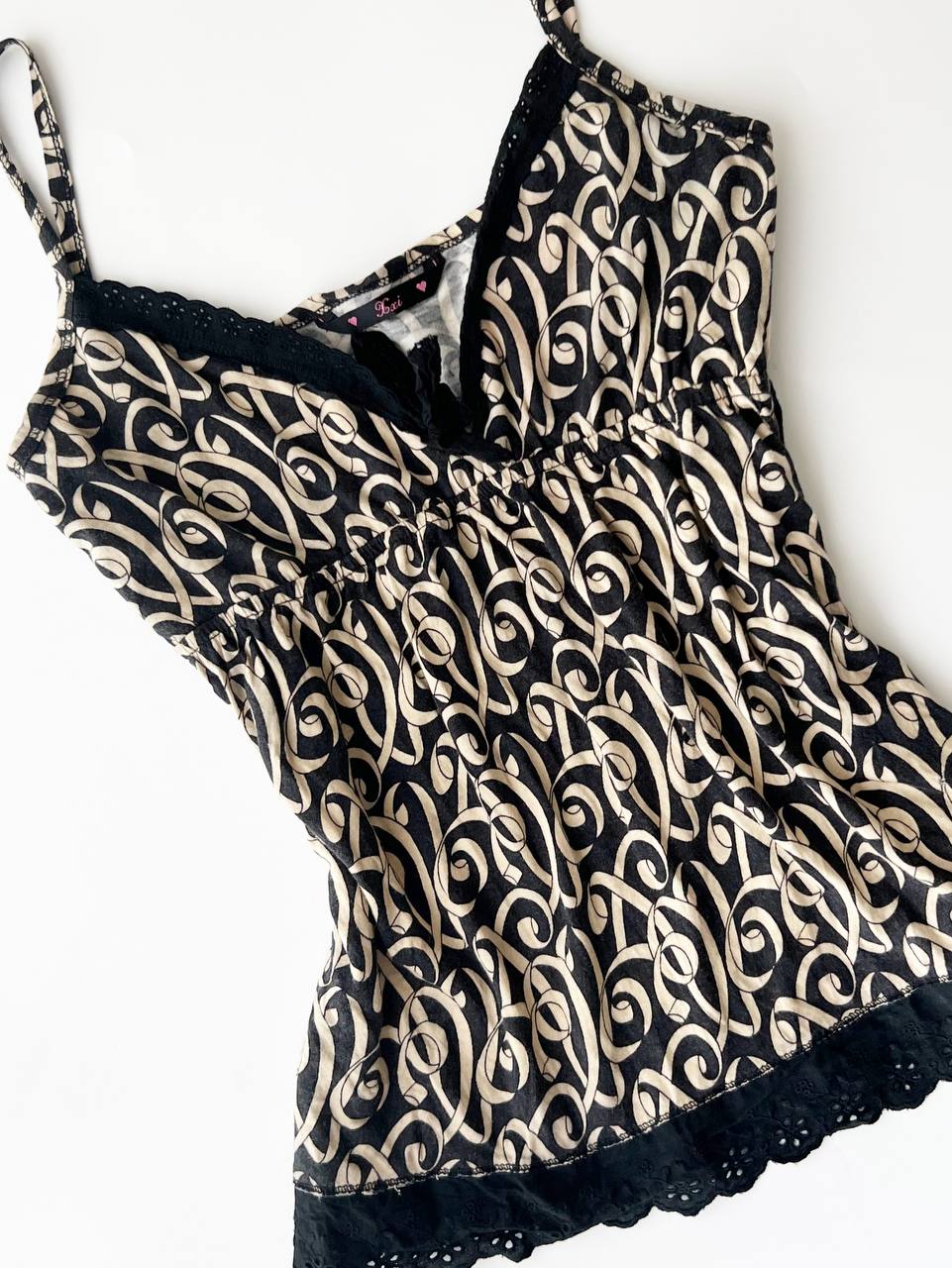 Patterned Cami w Black Eyelet Trim