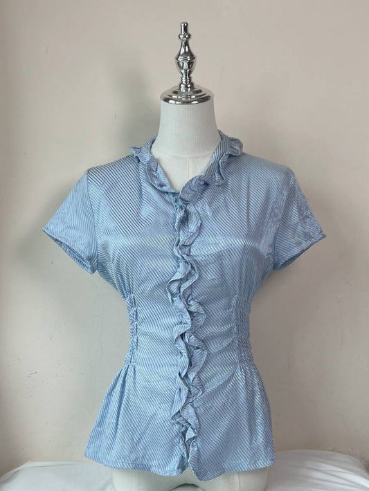 Blue Ruffle Fitted Blouse